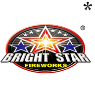 Bright Star Fireworks logo: black oval with red perimeter, six white, two blue, and one red-orange stars with brightness. Buy online at Elite Fireworks, shipped by the case straight to your door.