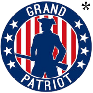 Grand Patriot Fireworks logo with a blue, faceless U.S. patriot, red and white American stripe background, and eight white stars. Shop Grand Patriot Fireworks online at Elite Fireworks and get them delivered to your doorstep by the case.