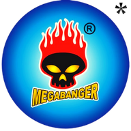 The Megabanger Fireworks logo features a dark skull surrounded by red flames on a blue background. It includes red, blue, yellow, and black colors. Buy Megabanger Fireworks from Elite Fireworks online and get them delivered to your door by the case.