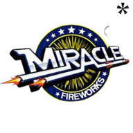 Miracle Fireworks logo features a blue background, nine white stars, and a white rocket ship font with 'Miracle' in yellow light. Shop online for Miracle Fireworks at Elite Fireworks. Shipped by the case straight to your door.