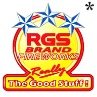 RGS Brand Fireworks logo features "The Really Good Stuff!!" in red, yellow, and blue colors, along with three centered stars in white and blue. Shop online RGS Brand Fireworks at Elite Fireworks. We ship RGS Brand Fireworks by the case straight to your door.