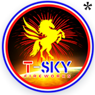 T-Sky Fireworks brand logo with a yellow unicorn and a large willow firework in the background. The logo is in red, blue, yellow, black, and white. Purchase T-Sky Fireworks online at Elite Fireworks and have them shipped by the case straight to your door.