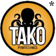 Tako Pyrotechnics Fireworks brand logo with a large, faceless black octopus against a yellow background. Purchase Tako Pyrotechnics Fireworks online from Elite Fireworks and have them delivered to your doorstep by the case.