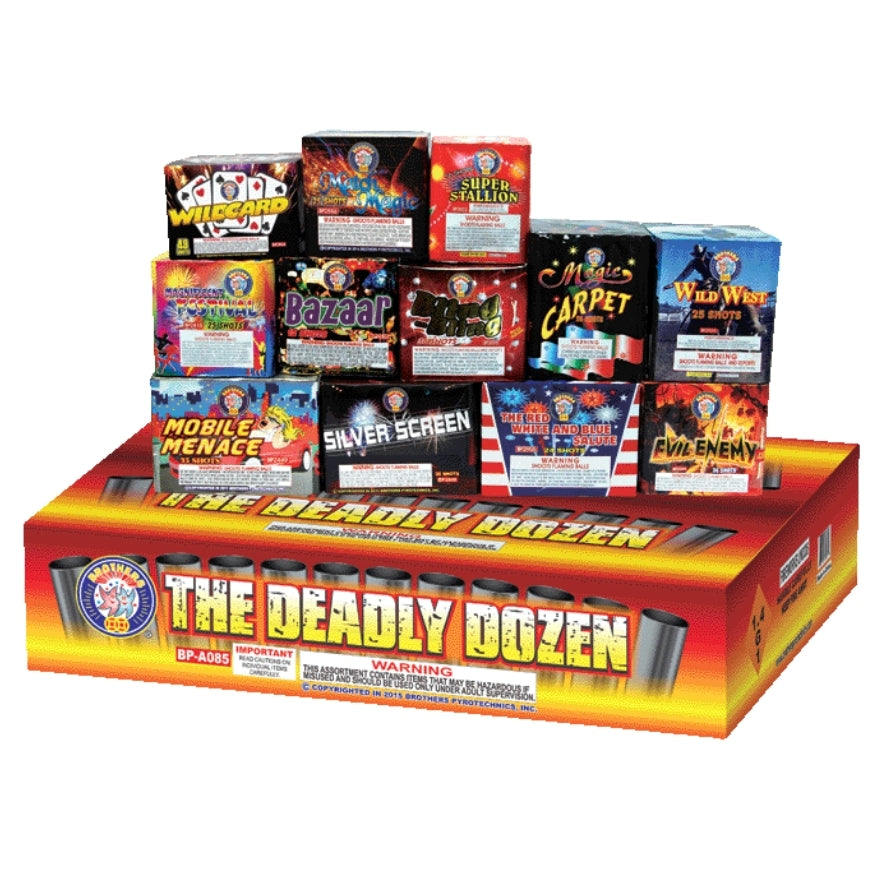 The Deadly Dozen | 343 Shot Box Kit™ - Bling Bling - Evil Enemy - Silver Screen - Mobile Menace - Super Stallion - U Magnificent Festival - The Red, White & Blue Salute - Wild West - Magic Carpet - Wildcard - Bazaar - Match Magic