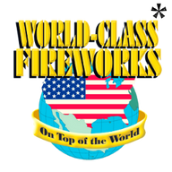 World-Class Fireworks brand logo with a U.S. flag in the shape of a map, featuring red and white stripes and all fifty stars. The logo includes a golden ribbon with the text 'On top of the world'. Purchase World-Class Fireworks online at Elite Fireworks and have them shipped by the case straight to your door.