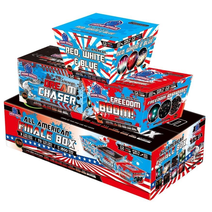 All American Finale Box™｜70 Shot Box Kit™ - Dream Chaser™ - Freedom Boom!™ - Red, White & Blue by American Pro Series® -Shop Online for X-tra Large Cake™ at Elite Fireworks!