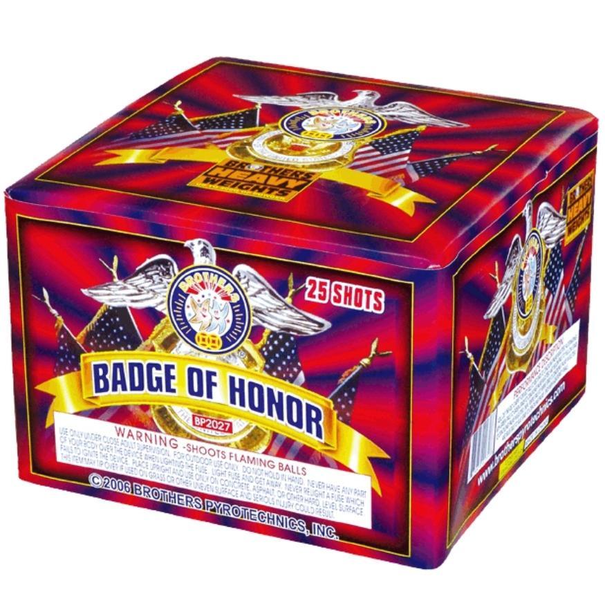 Badge of Honor | 25 Shot Aerial Repeater by Brothers Pyrotechnics -Shop Online for X-tra Large Cake™ at Elite Fireworks!