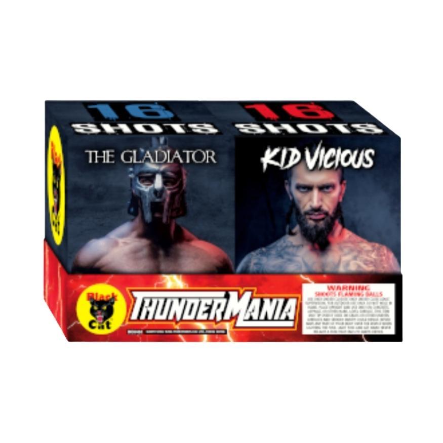 BC Thunder Mania | 32 Shot Sleeve Kit™ - Gladiator - Kid Vicious by Black Cat Fireworks -Shop Online for Standard Cake at Elite Fireworks!