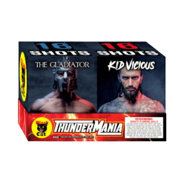 BC Thunder Mania | 32 Shot Sleeve Kit™ - Gladiator - Kid Vicious by Black Cat Fireworks -Shop Online for Standard Cake at Elite Fireworks!