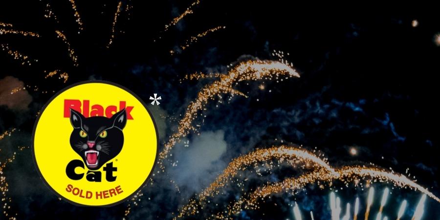 Black Cat Fireworks logo with a classic and vibrant design in black, red, and yellow colors. Click to shop Black Cat Fireworks products available at Elite Fireworks. Explosive fireworks backdrop.