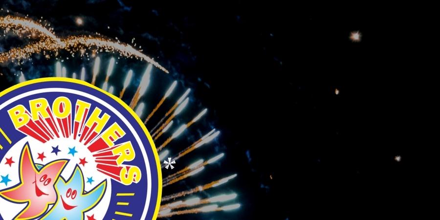Brothers Pyrotechnics logo with red and blue stars, blue, red, yellow, and white colors, and yellow and red font. Click to shop Brothers Pyrotechnics products available at Elite Fireworks. Explosive fireworks backdrop.
