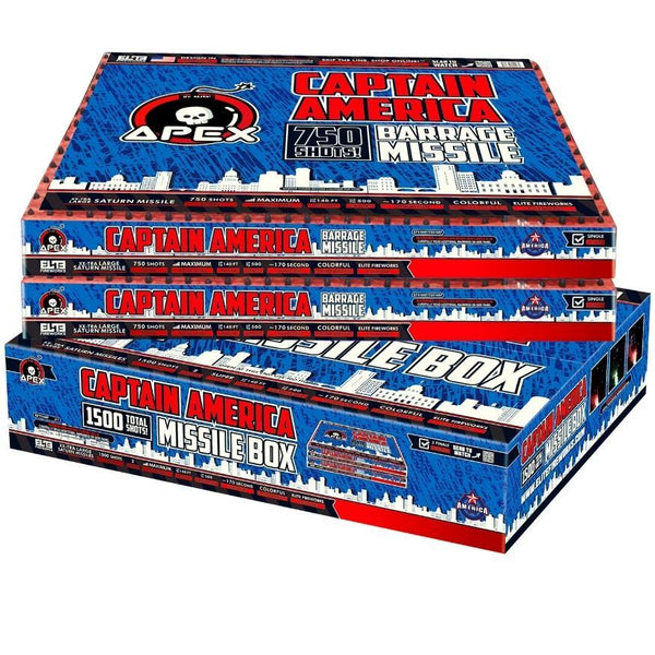 Captain America Barrage Missile™ | 750 Shot Saturn Missile by Apex by Elite!™ -Shop Online for X-tra Large Missile Base™ at Elite Fireworks!