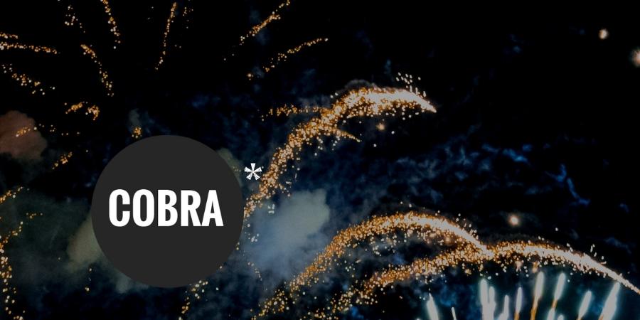 Cobra USA brand logo is a bold and dark design in black and white, representing a wireless fireworks firing system. High quality, safety, reliability, and ease of use are top priorities. The logo features a background of fireworks exploding in the air.
