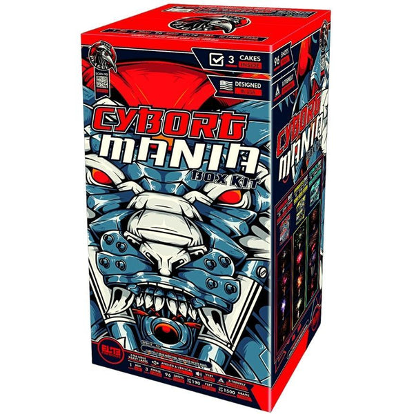 Cyborg Mania | 96 Shot Box Kit™ - Fearless Bot™ - Roaring Bot™ - Stealthy Bot™ by Pyro Plague™ -Shop Online for X-tra Large Cake™ at Elite Fireworks!