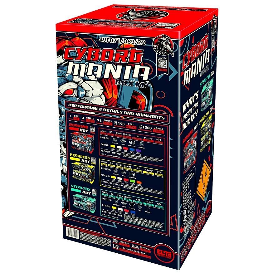 Cyborg Mania | 96 Shot Box Kit™ - Fearless Bot™ - Roaring Bot™ - Stealthy Bot™ by Pyro Plague™ -Shop Online for X-tra Large Cake™ at Elite Fireworks!