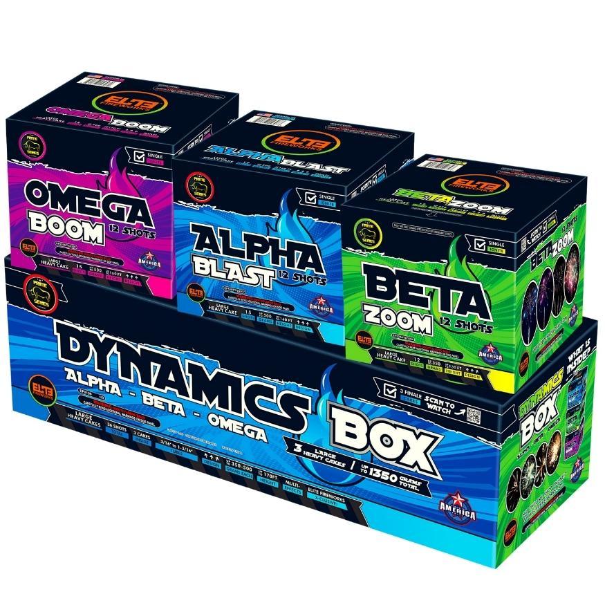 Dynamics Box™｜36 Shot Box Kit™ - Alpha Blast™ - Beta Zoom™ - Omega Boom™ by Prime Series® -Shop Online for Large Cake at Elite Fireworks!