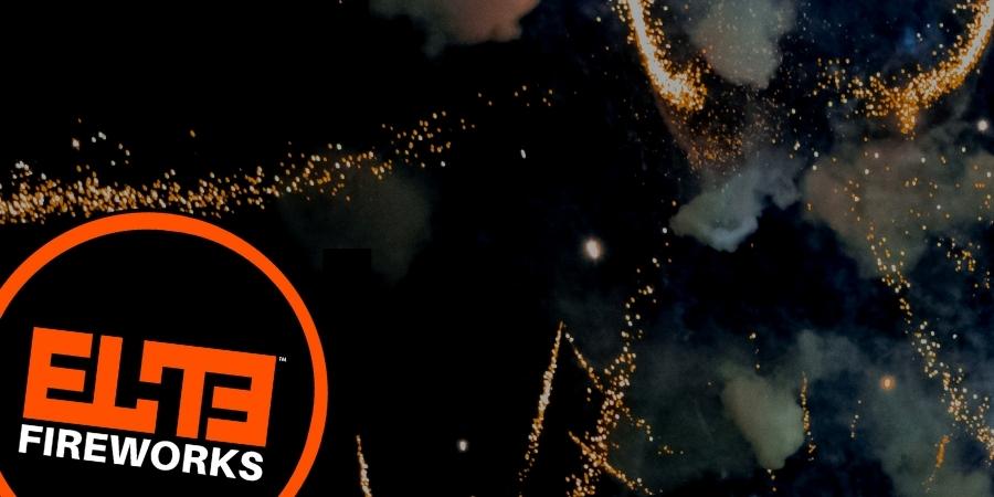 Elite Fireworks logo with bright orange text and orange, white, and black colors. Click to shop Elite Fireworks products available at Elite Fireworks. Explosive fireworks backdrop.