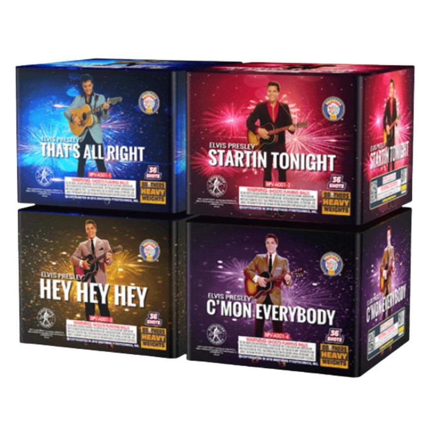 Elvis｜144 Shot Box Kit™ - That's All Right - Hey Hey Hey - C'mon Everybody - Startin Tonight by Brothers Pyrotechnics -Shop Online for X-tra Large Cake™ at Elite Fireworks!