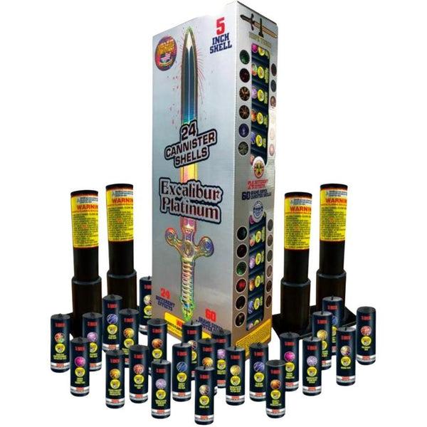 Excalibur Platinum | 24 Break Artillery Shell by World Class Fireworks -Shop Online for X-tra Large Canister Kit™ at Elite Fireworks!