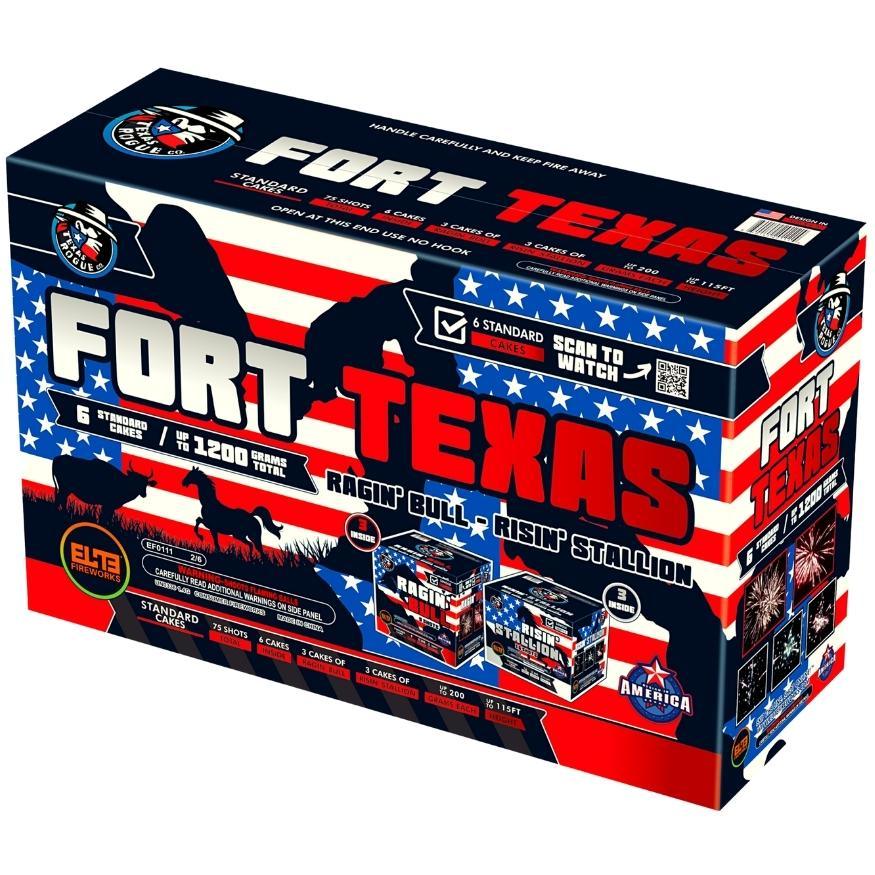Fort Texas™ ｜75 Shot Box Kit™ - Ragin' Bull™ - Risin' Stallion™ by Texas Rogue Co.™ -Shop Online for Standard Cake at Elite Fireworks!
