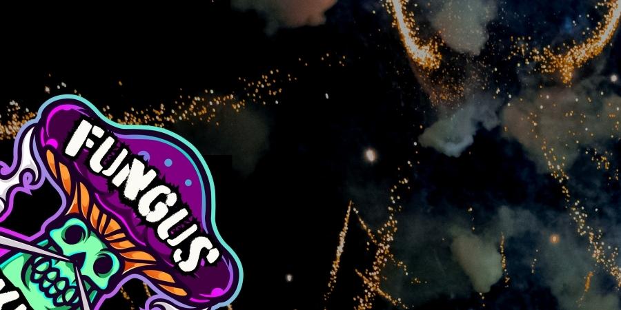 Fungus Skull Fireworks logo with a smoking skull in the shape of a mushroom in purple, mint, and orange colors. Click to shop Fungus Skull Fireworks products available at Elite Fireworks. Explosive fireworks backdrop.