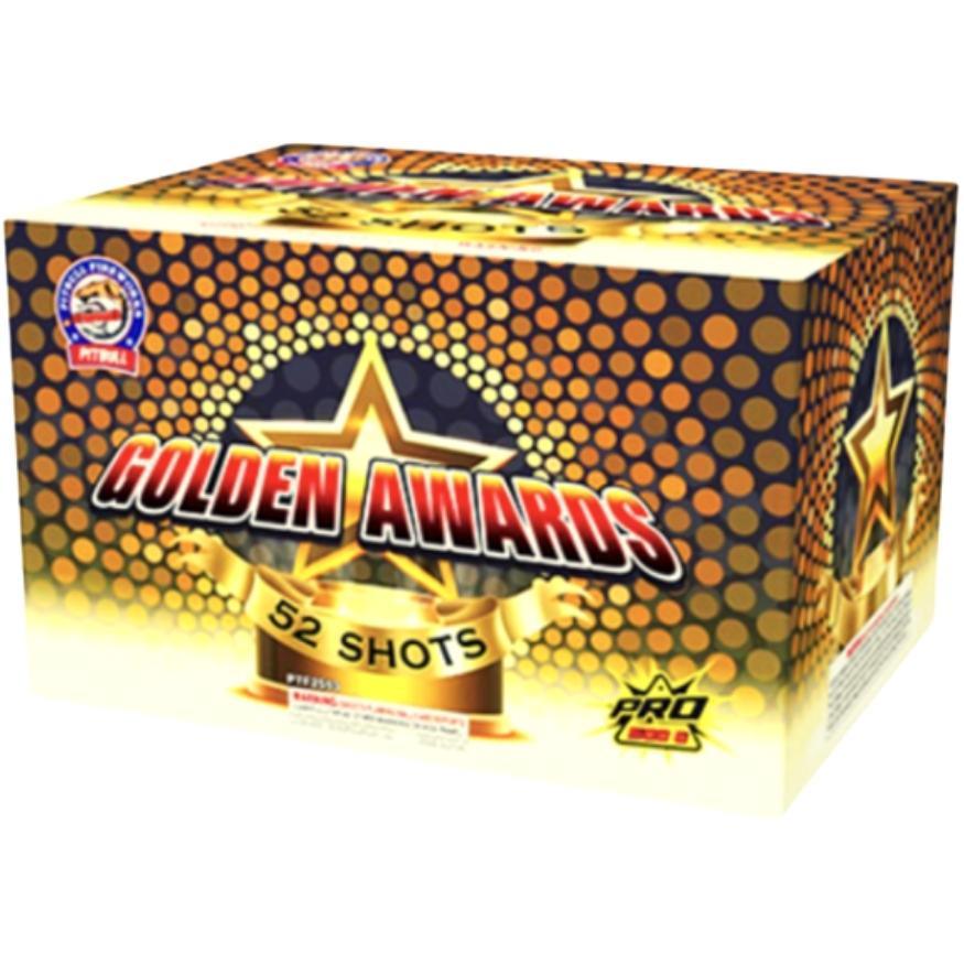 Golden Awards | 52 Shot Aerial Repeater by Pitbull Fireworks -Shop Online for X-tra Large Cake™ at Elite Fireworks!