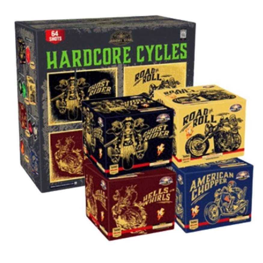 Hardcore Cycles | 64 Shot Box Kit™ - American Chopper - Ghost Rider - Road Roll - Wells Whirls by Bright Star Fireworks -Shop Online for Large Cake at Elite Fireworks!