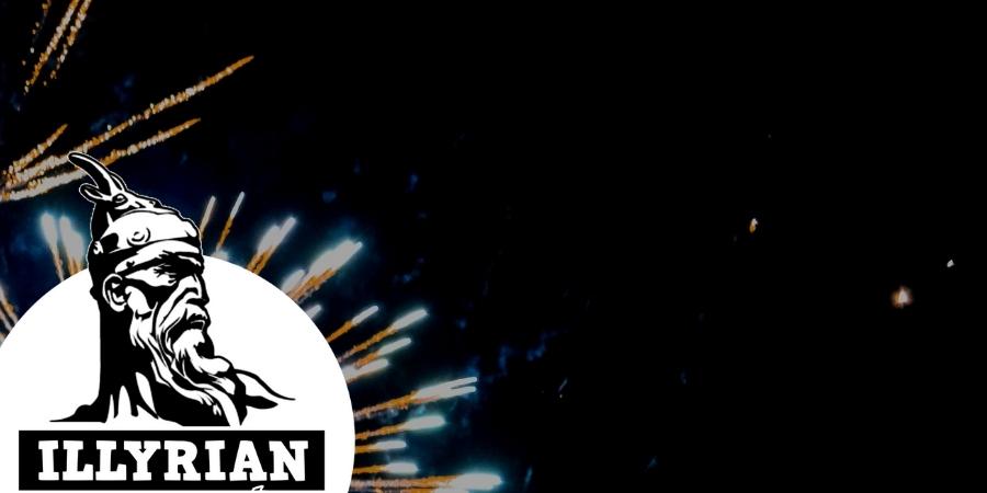 Illyrian Fireworks logo with old bearded men in pre-historic hat in black and white. Click to shop Illyrian Fireworks products available at Elite Fireworks. Explosive fireworks backdrop.