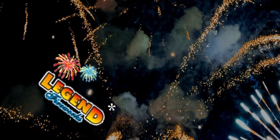 Legendary multicolor fireworks with sparkling orange, red, yellow, and blue hues in the Legend Fireworks logo. Click to shop Legend Fireworks products available at Elite Fireworks. Explosive fireworks backdrop.