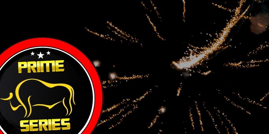 Prime Series Fireworks logo with a golden bull and three white stars in black, golden, and red colors. Click to shop Prime Series Fireworks products available at Elite Fireworks. Explosive fireworks backdrop.