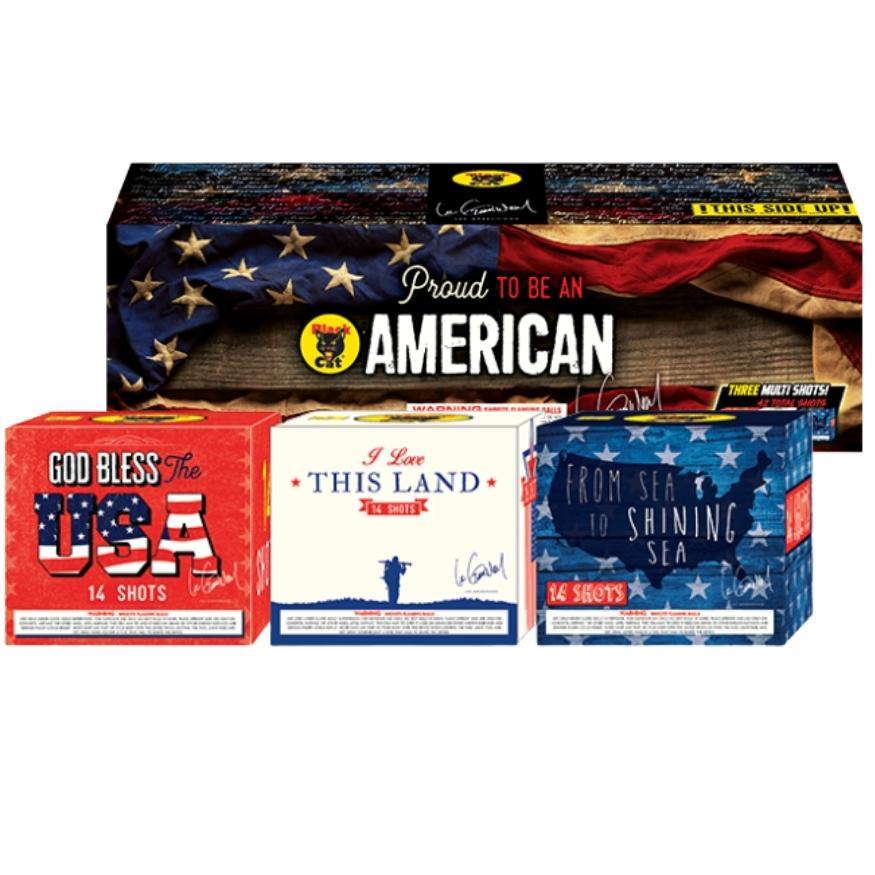 Proud To Be An American | 42 Shot Box Kit™ - God Bless The USA - I Love This Land - From Sea To Shinning Sea by Black Cat Fireworks -Shop Online for Large Cake at Elite Fireworks!