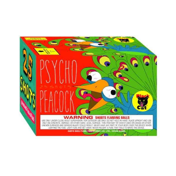 Psycho Peacock | 25 Shot Aerial Repeater by Black Cat Fireworks -Shop Online for Standard Cake at Elite Fireworks!