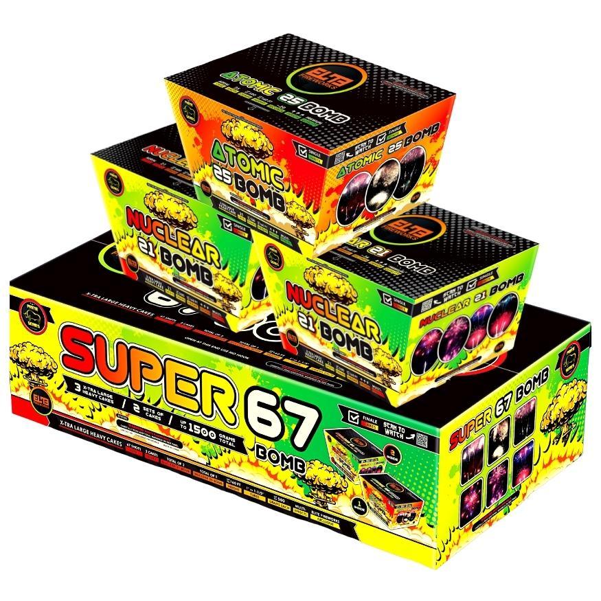 Super 67 Bomb™｜67 Shot Box Kit™ - Atomic 25 Bomb™ - Nuclear 21 Bomb™ by Prime Series® -Shop Online for X-tra Large Cake™ at Elite Fireworks!