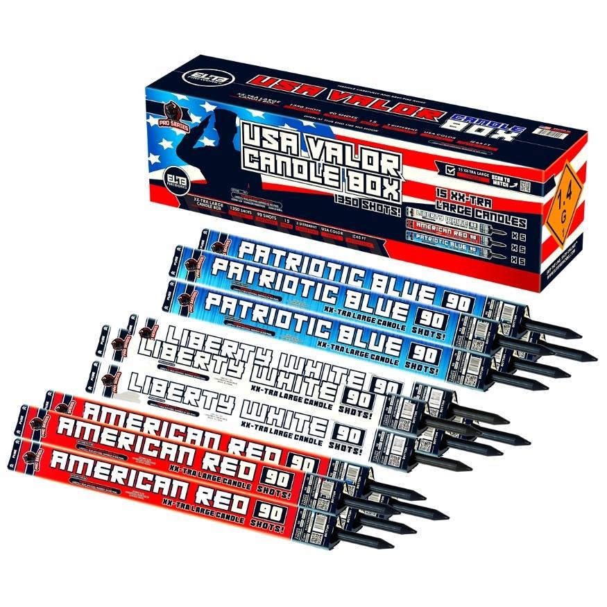 USA Valor Candle™ | 1350 Shot Box Kit™ - American Red™ - Liberty White™ - Patriotic Blue™ by American Pro Series® -Shop Online for X-tra Large Candle™ at Elite Fireworks!